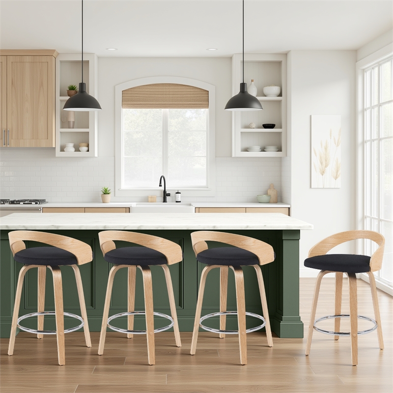 Sonia Swivel Counter Height Bar Stool with Black Seat and Oak Wood- Set of 4