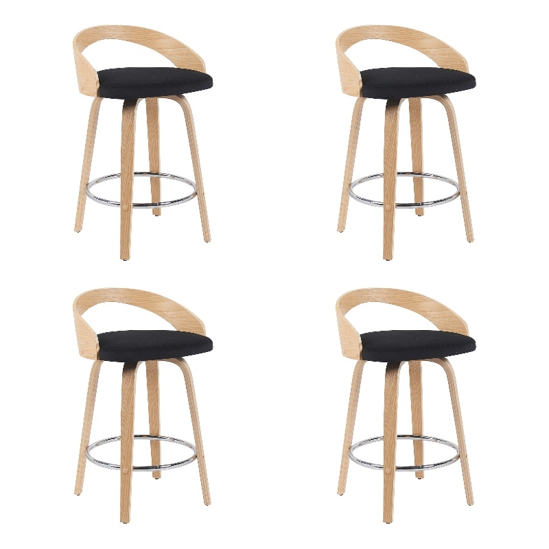 Sonia Swivel Counter Height Bar Stool with Black Seat and Oak Wood- Set of 4
