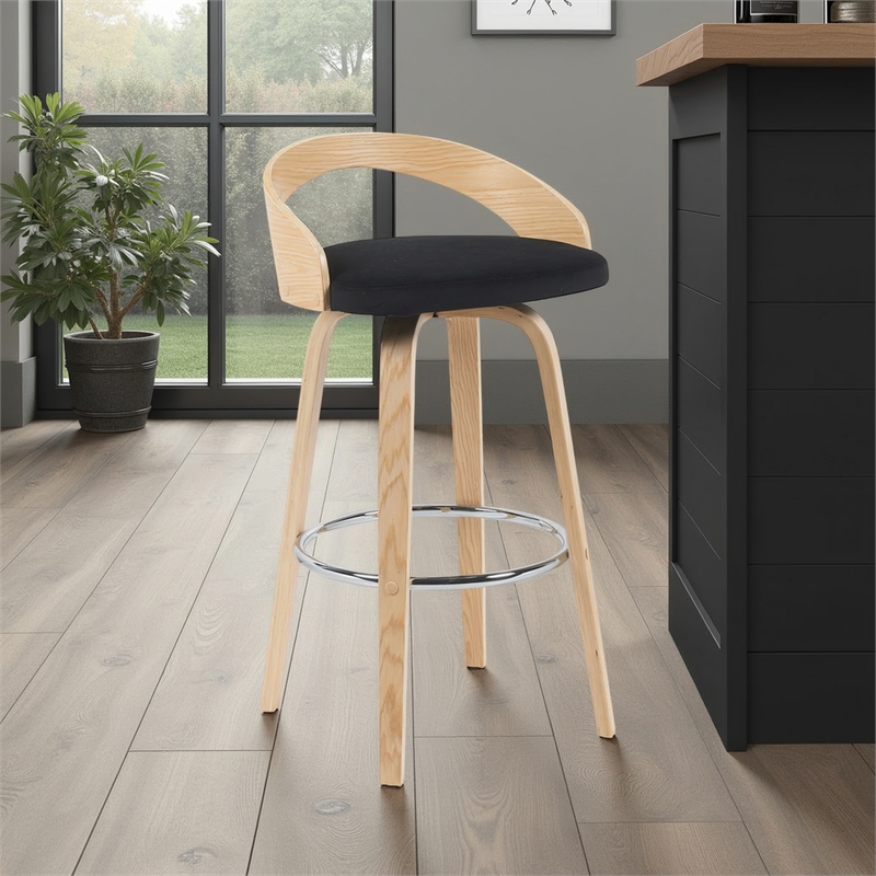 Sonia Swivel Bar Height Stool with Black Upholstered Seat and Oak Wood Finish