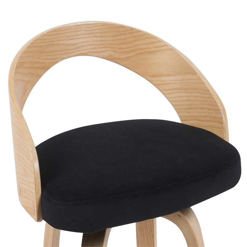 Sonia Swivel Bar Height Stool with Black Upholstered Seat and Oak Wood Finish