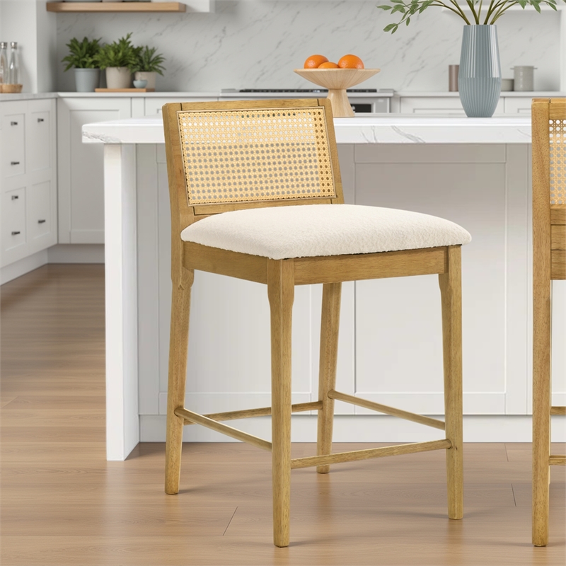 Tobias Wood Counter Height Kitchen Bar Stool in Amber/White Boucle - Set of 4