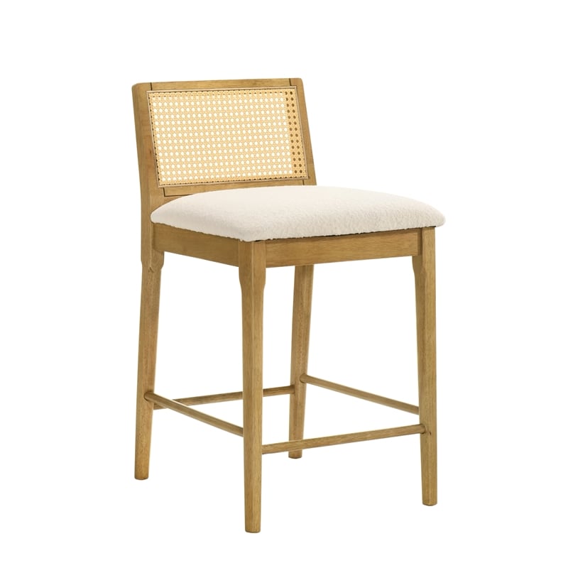 Tobias Wood Counter Height Kitchen Bar Stool in Amber/White Boucle - Set of 4
