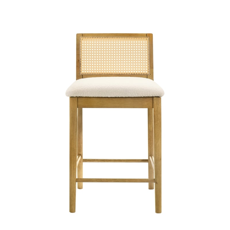 Tobias Wood Counter Height Kitchen Bar Stool in Amber/White Boucle - Set of 4