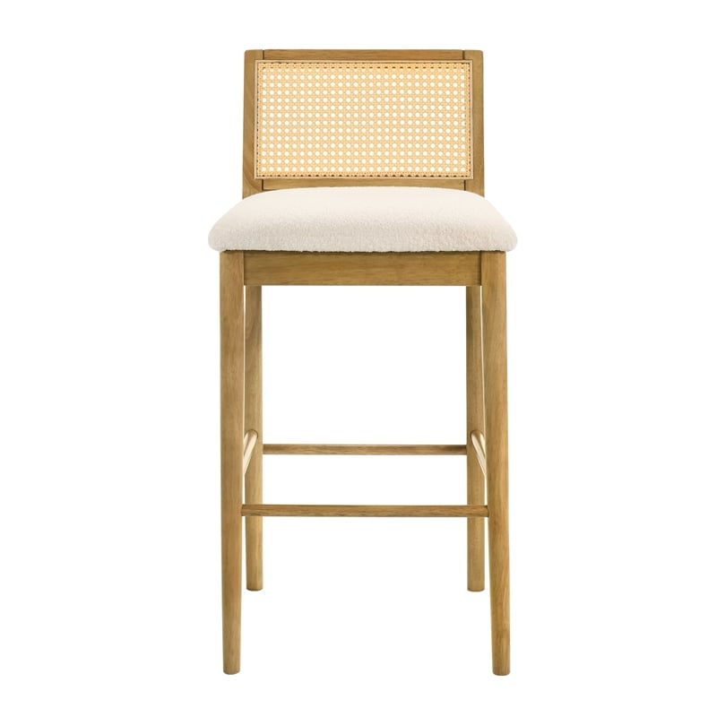Tobias Wood Bar Height Kitchen Bar Stool in Amber Glow with White Boucle Seat