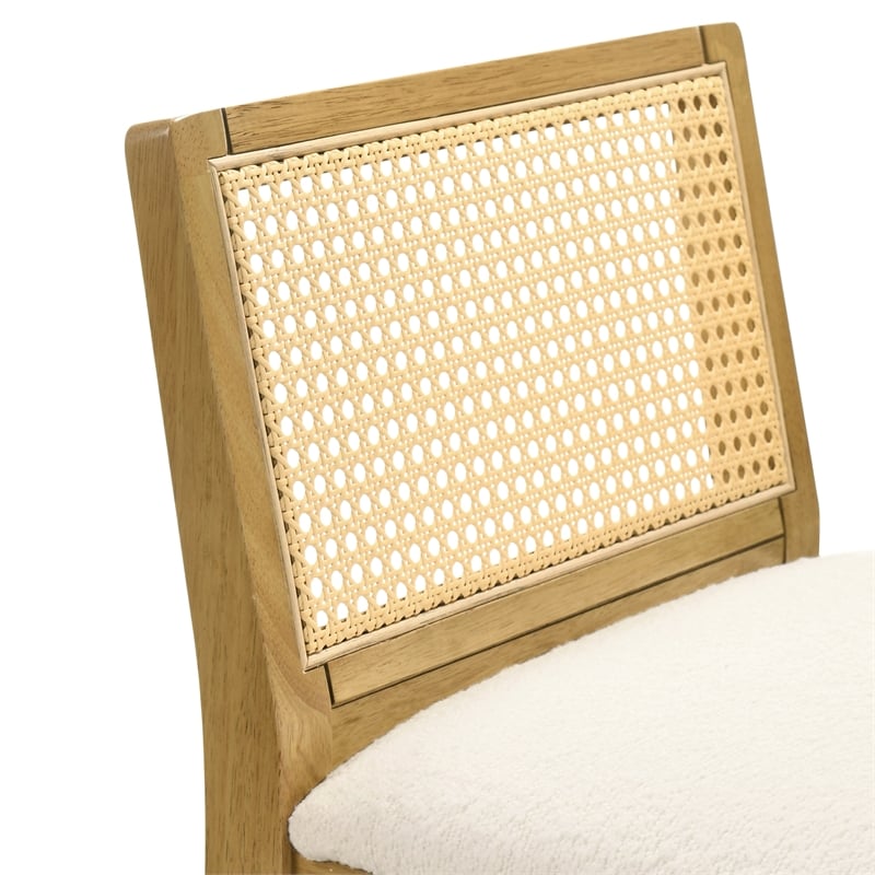 Tobias Wood Bar Height Kitchen Bar Stool in Amber Glow with White Boucle Seat