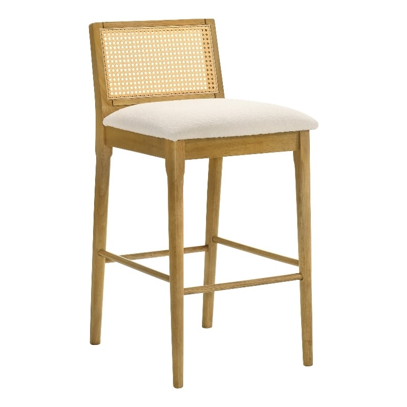 Tobias Wood Bar Height Kitchen Bar Stool in Amber Glow with White Boucle Seat