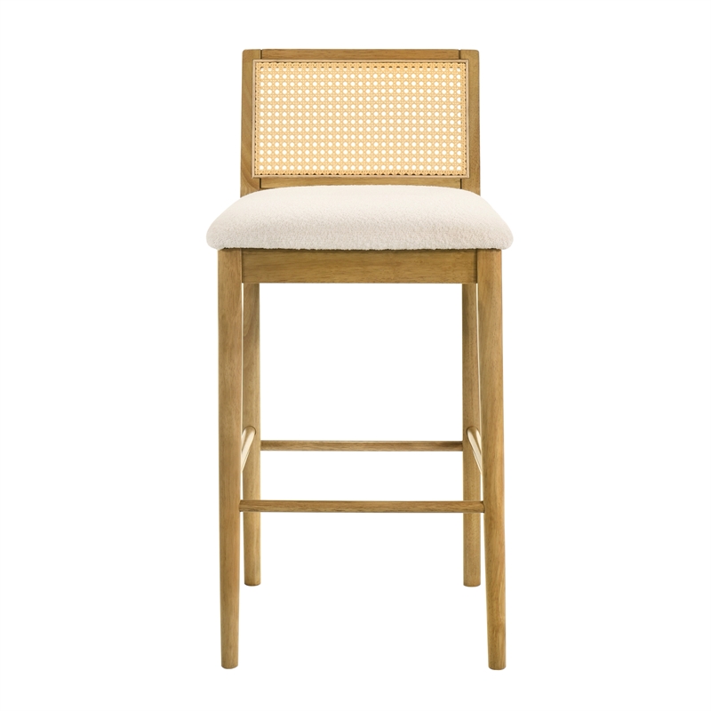 Tobias Wood Bar Height Kitchen Bar Stool in Amber with White Boucle - Set of 2