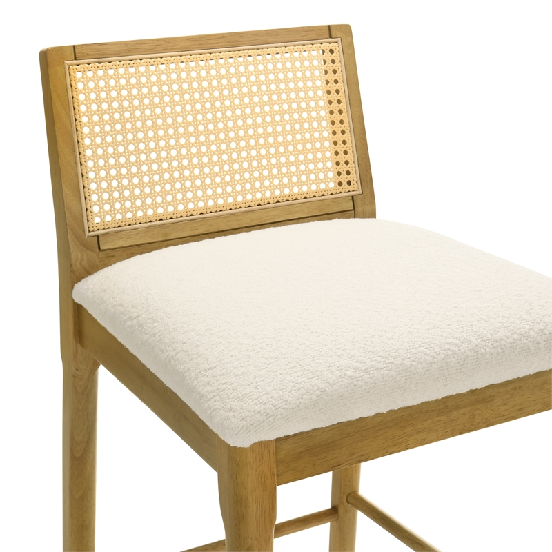 Tobias Wood Bar Height Kitchen Bar Stool in Amber with White Boucle - Set of 2