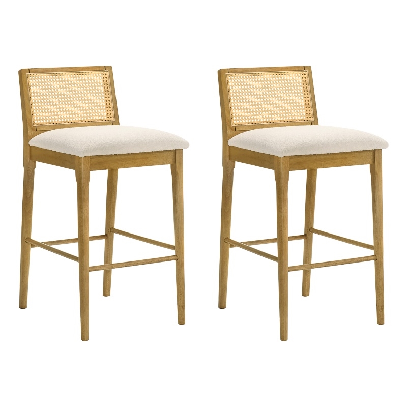 Tobias Wood Bar Height Kitchen Bar Stool in Amber with White Boucle - Set of 2