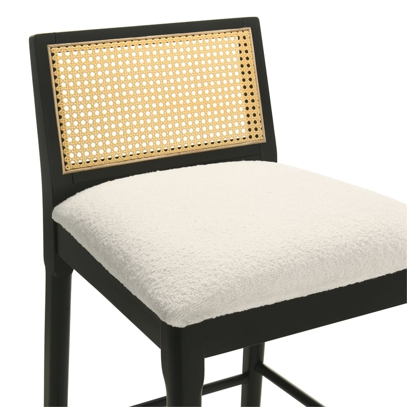 Tobias Wood Bar Height Kitchen Bar Stool in Black/White Boucle Seat - Set of 4