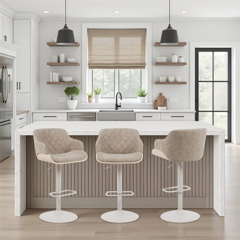 Toby Adjustable Swivel Barstool in Ivory/Vintage Taupe Seat/Pale Wood Accents