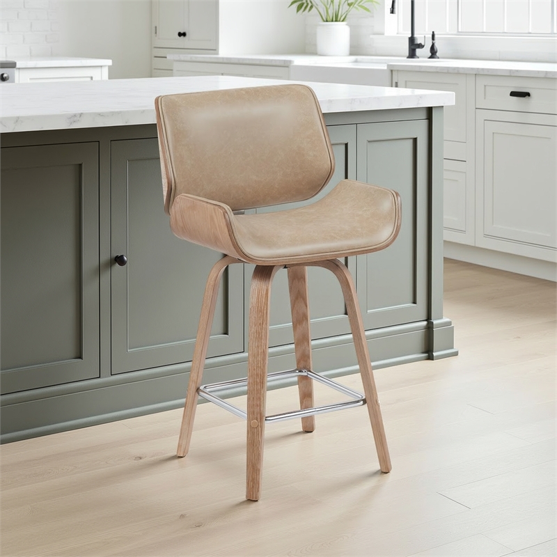 Tyler Counter Height Swivel Bar Stool in White Wash Wood/Brown Seat- Set of 3