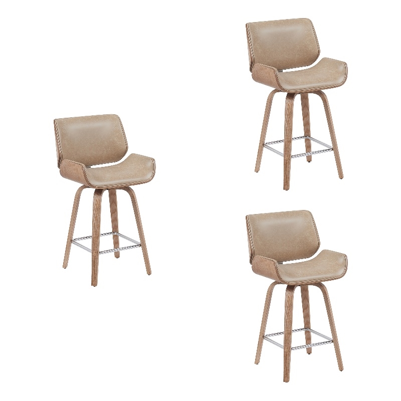 Tyler Counter Height Swivel Bar Stool in White Wash Wood/Brown Seat- Set of 3