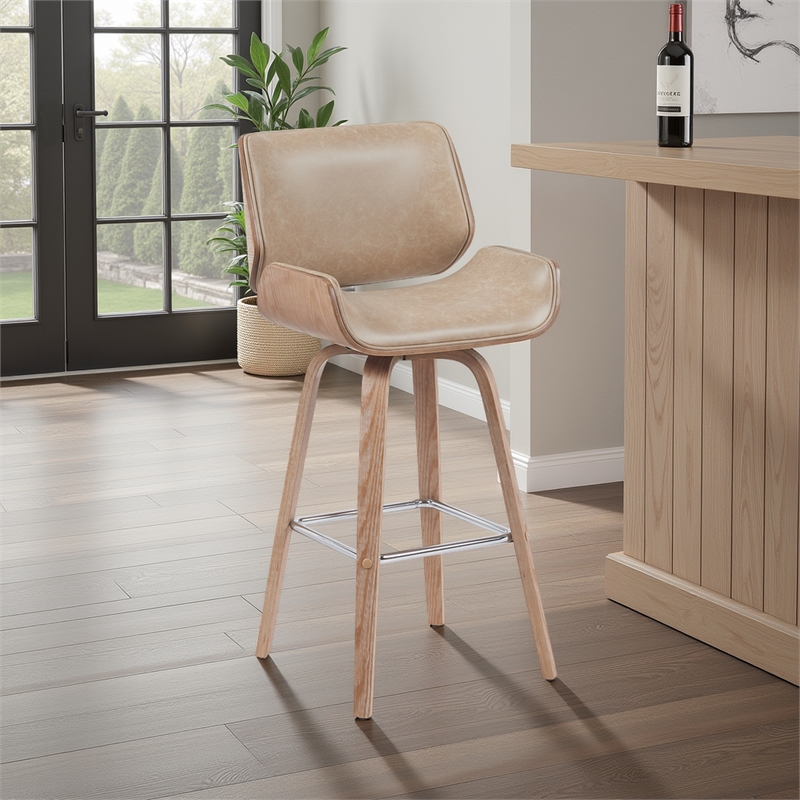 Tyler Swivel Bar Stool with White Wash Wood and Vintage Brown Upholstery