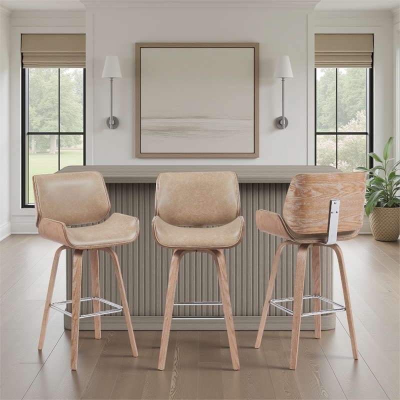 Tyler Swivel Bar Stool with White Wash Wood/Vintage Brown Upholstery- Set of 3