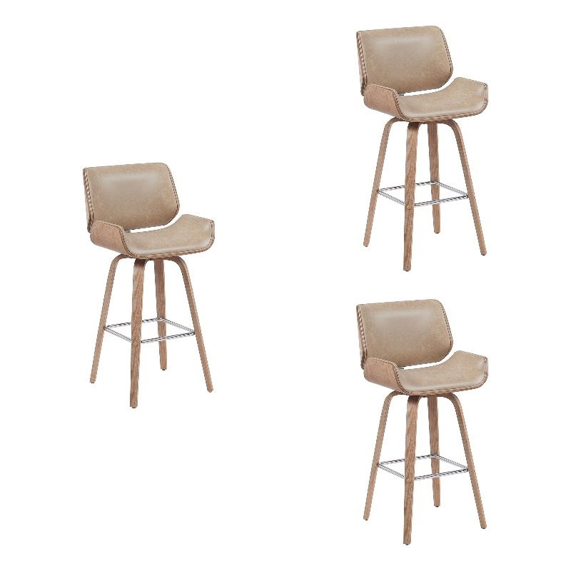Tyler Swivel Bar Stool with White Wash Wood/Vintage Brown Upholstery- Set of 3