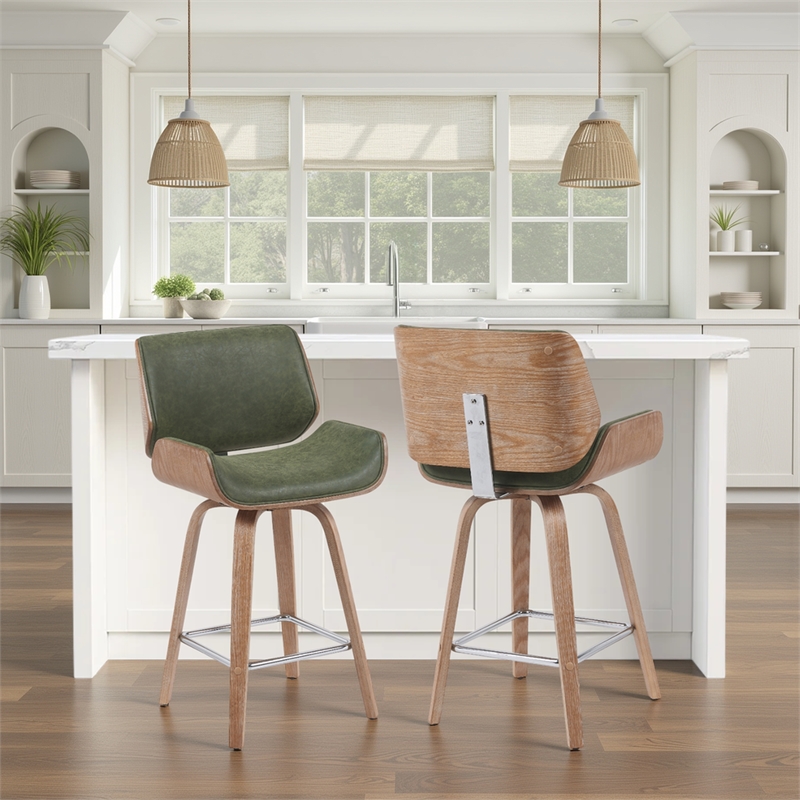 Tyler Counter Height Swivel Bar Stool in White Wash Wood/Green Seat- Set of 2