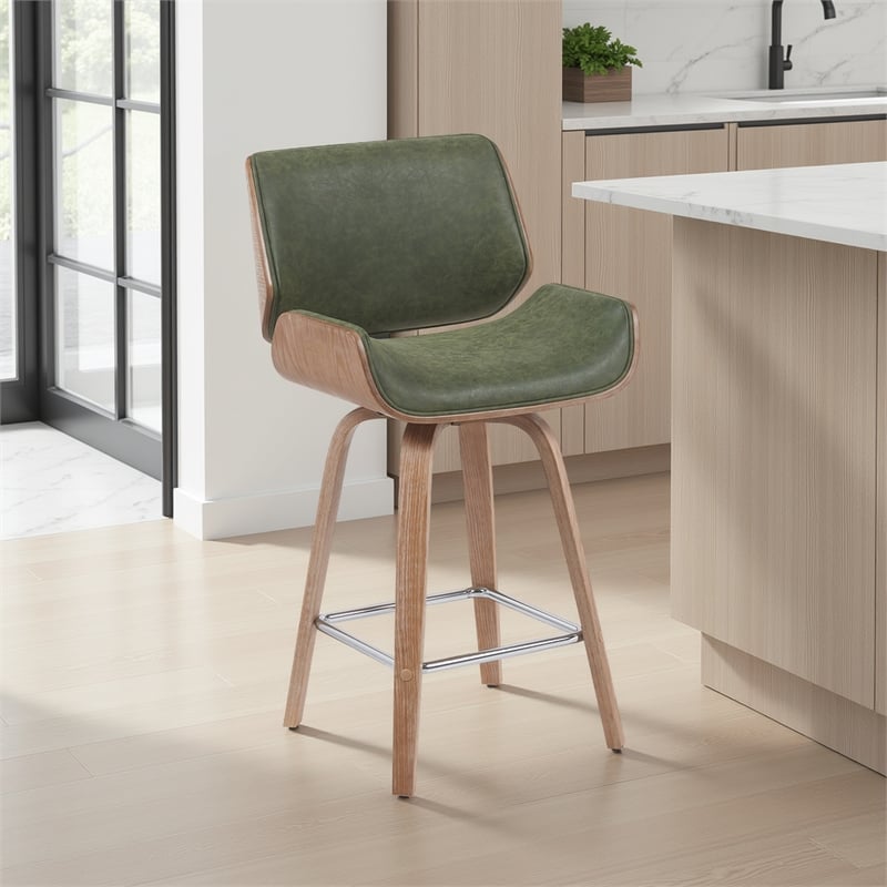 Tyler Counter Height Swivel Bar Stool in White Wash Wood/Green Seat- Set of 3