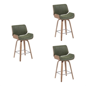 Tyler Counter Height Swivel Bar Stool in White Wash Wood/Green Seat- Set of 3