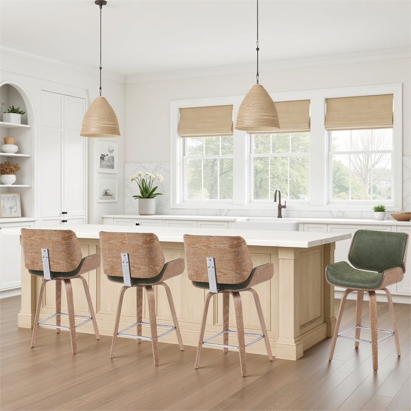 Tyler Counter Height Swivel Bar Stool in White Wash Wood/Green Seat- Set of 4