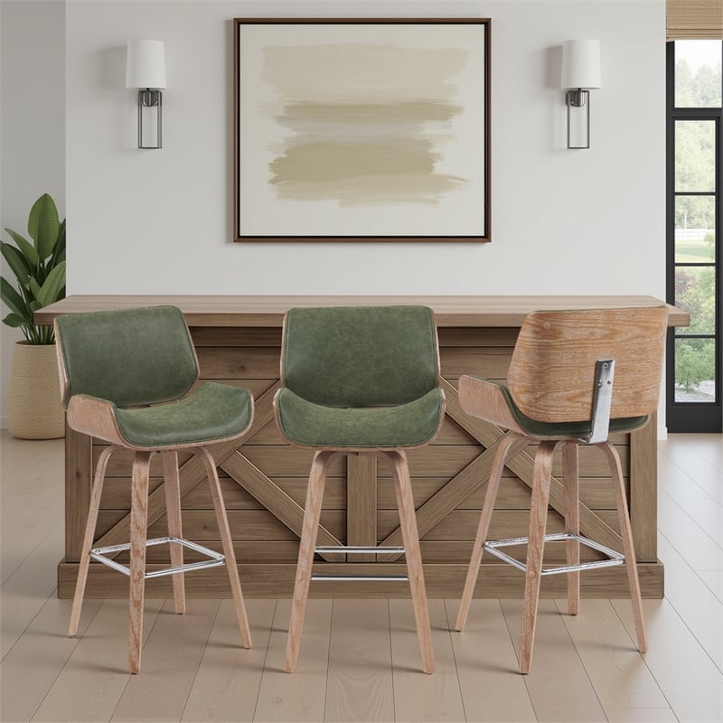 Tyler Swivel Bar Stool with White Wash Wood & Vintage Green Upholstery- Set of 3