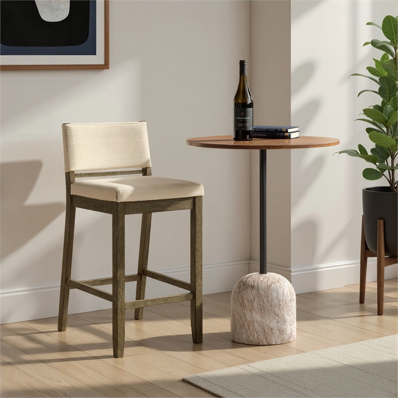 Yaneli Natural Wood Bar Height Bar Stool in Putty Brown with White Fabric Seat