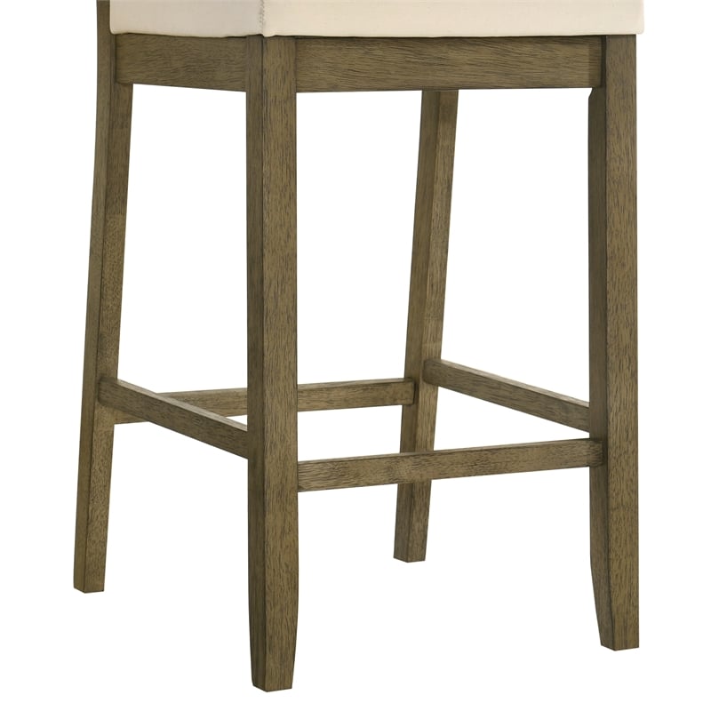 Yaneli Natural Wood Bar Height Bar Stool in Putty Brown with White Fabric Seat