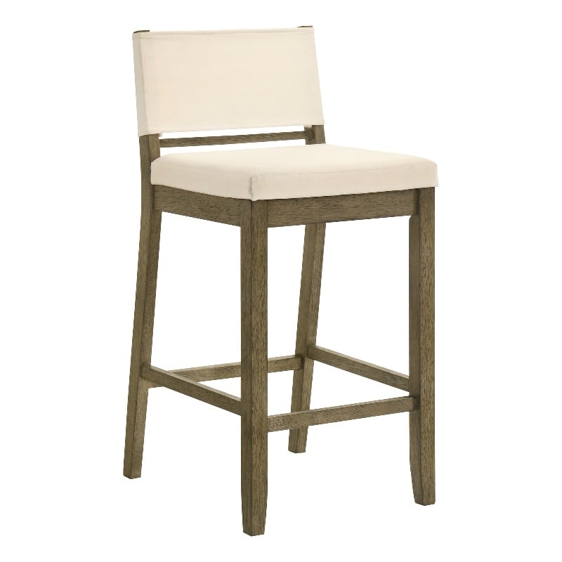 Yaneli Natural Wood Bar Height Bar Stool in Putty Brown with White Fabric Seat