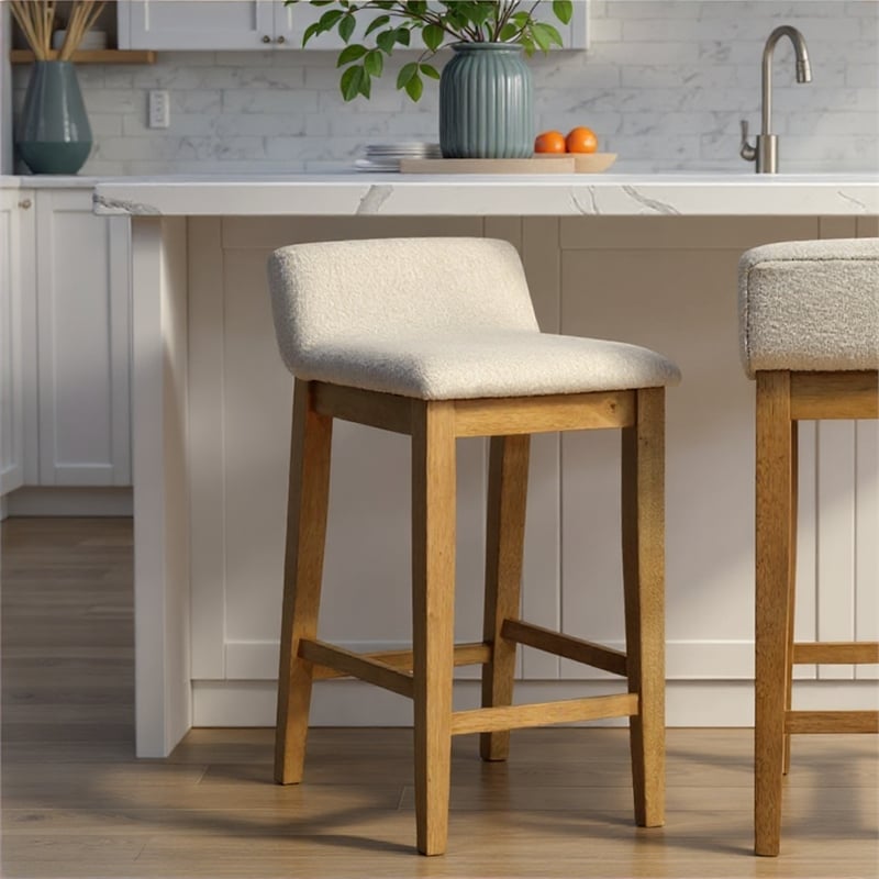 Annikah Wood Counter Height Kitchen Bar Stool in Amber with White Boucle Seat