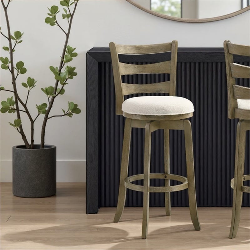 Melindra Swivel Wood Bar Height Kitchen Bar Stool -Putty Brown/White Boucle Seat
