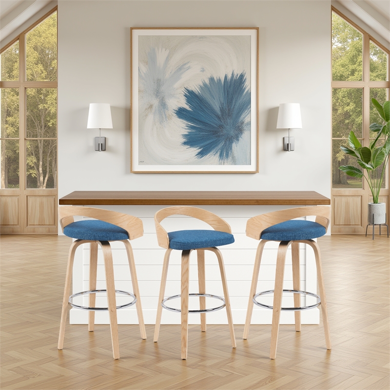 Sonia Swivel Bar Height Stool in Blue Upholstered Seat and Oak Wood- Set of 3