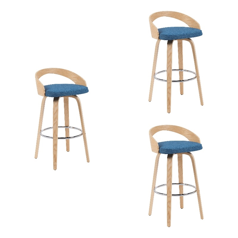 Sonia Swivel Bar Height Stool in Blue Upholstered Seat and Oak Wood- Set of 3