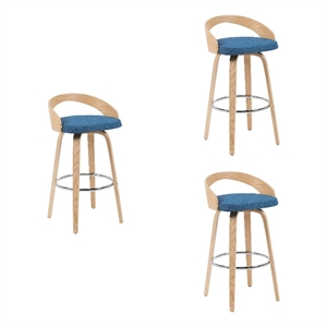 Sonia Swivel Bar Height Stool in Blue Upholstered Seat and Oak Wood- Set of 3