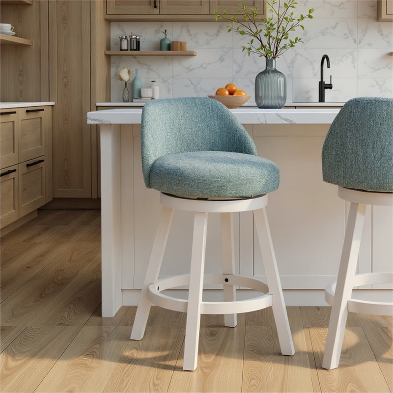Erika Swivel Wood Counter Height Bar Stool in White with Light Blue Fabric Seat