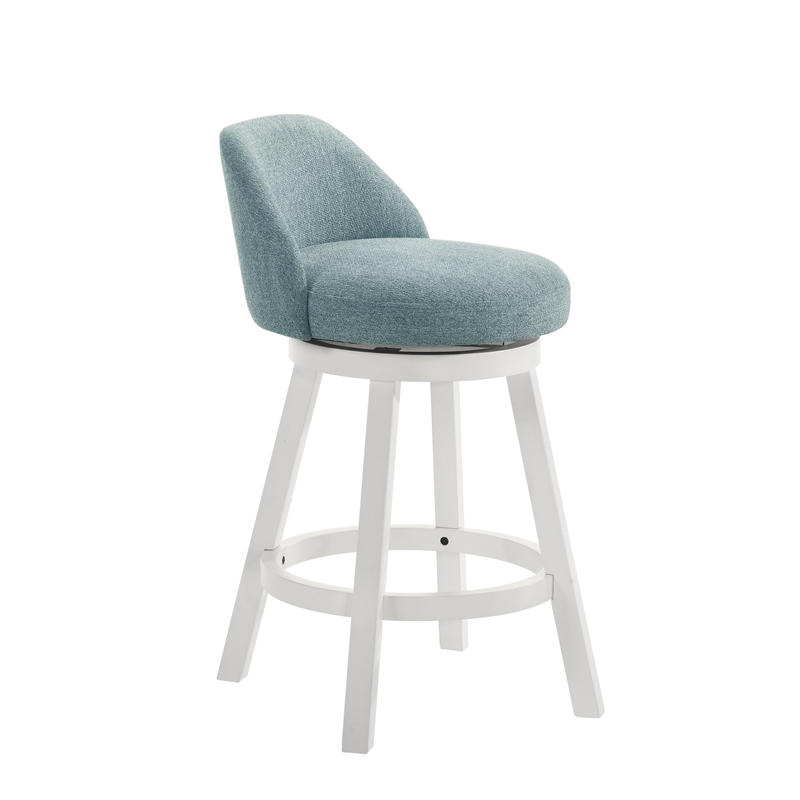 Erika Swivel Wood Counter Height Bar Stool in White with Light Blue Fabric Seat