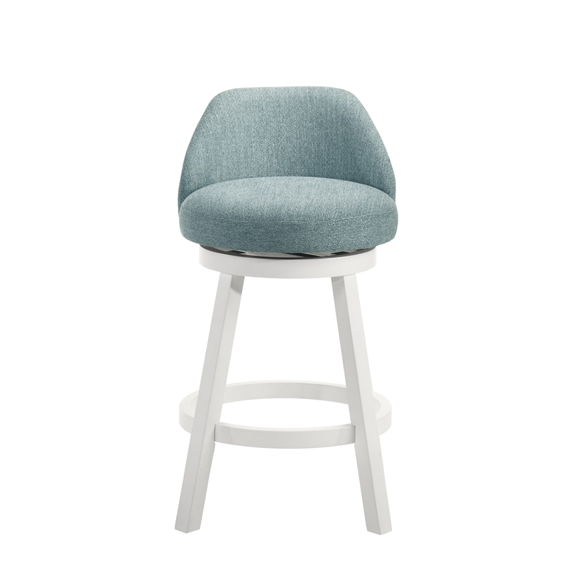 Erika Swivel Wood Counter Height Bar Stool in White with Light Blue Fabric Seat