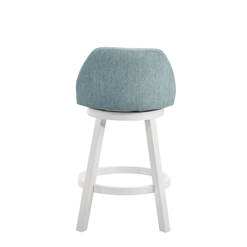 Erika Swivel Wood Counter Height Bar Stool in White with Light Blue Fabric Seat