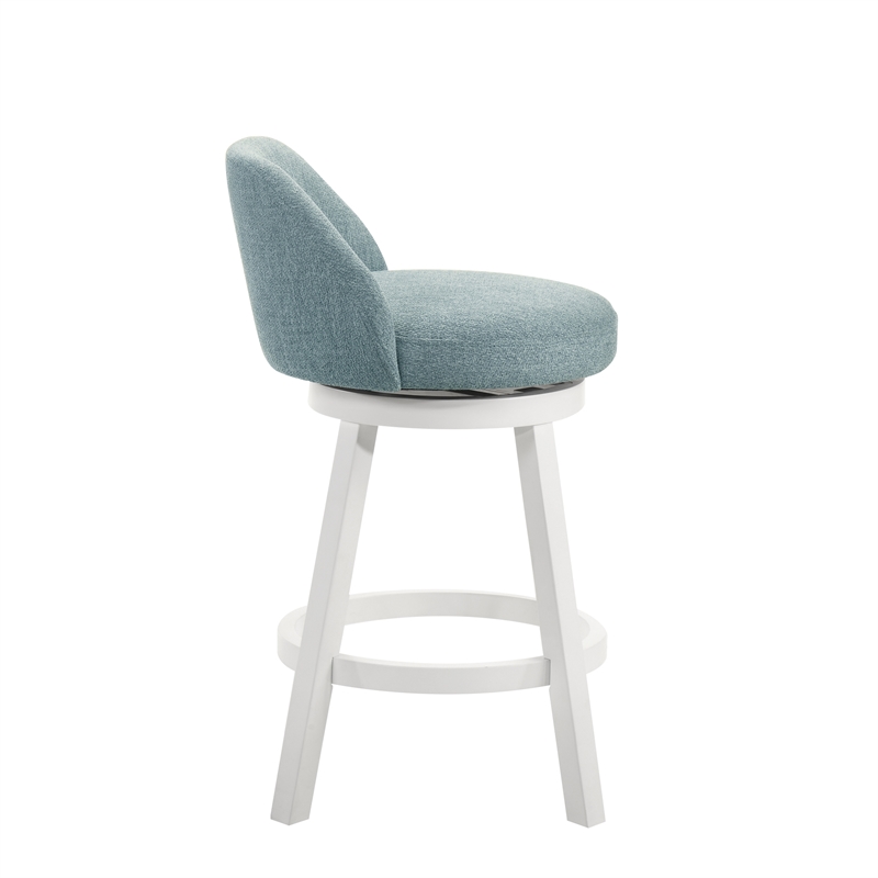Erika Swivel Wood Counter Height Bar Stool in White with Light Blue Fabric Seat