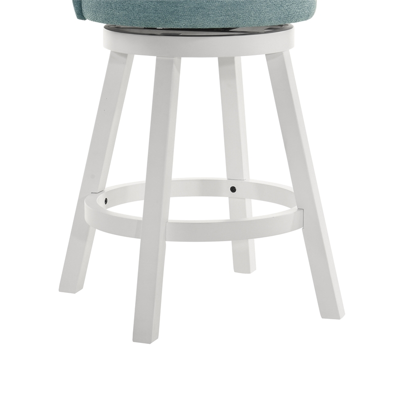 Erika Swivel Wood Counter Height Bar Stool in White with Light Blue Fabric Seat