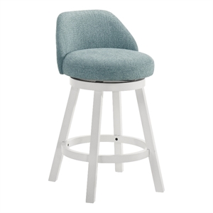 Erika Swivel Wood Counter Height Bar Stool in White with Light Blue Fabric Seat