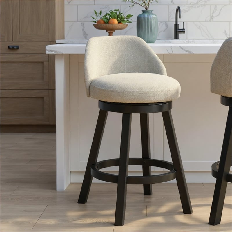 Erika Swivel Wood Counter Height Bar Stool in Black/Cream Fabric Seat - Set of 3