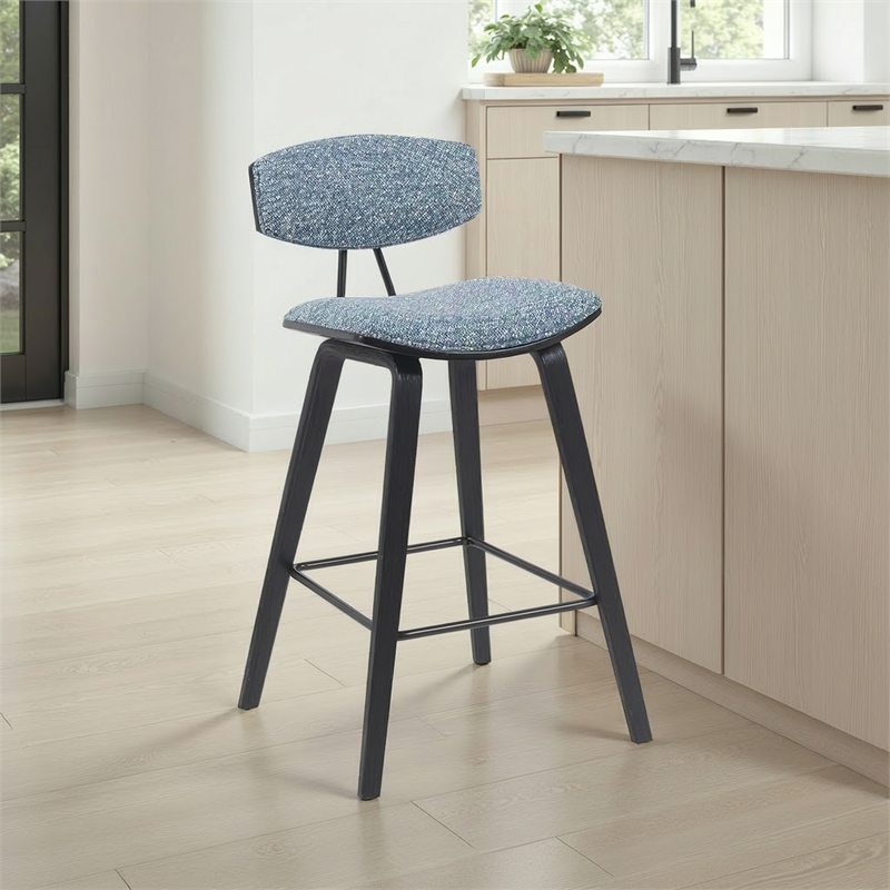 Fox Swivel Counter Height Bar Stool with Blue Seat and Black Brushed Wood Frame