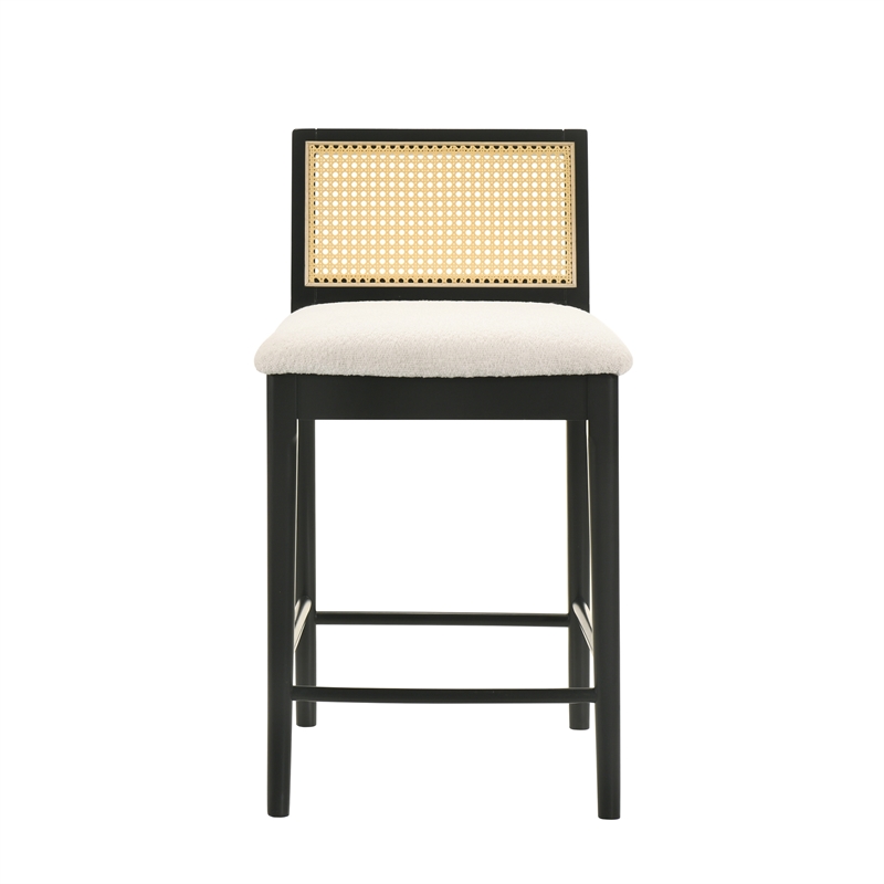 Tobias Wood Counter Height Bar Stool in Black with White Boucle Fabric Seat