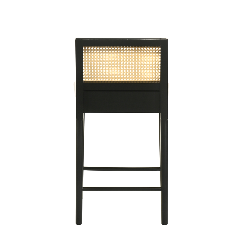 Tobias Wood Counter Height Bar Stool in Black with White Boucle Fabric Seat