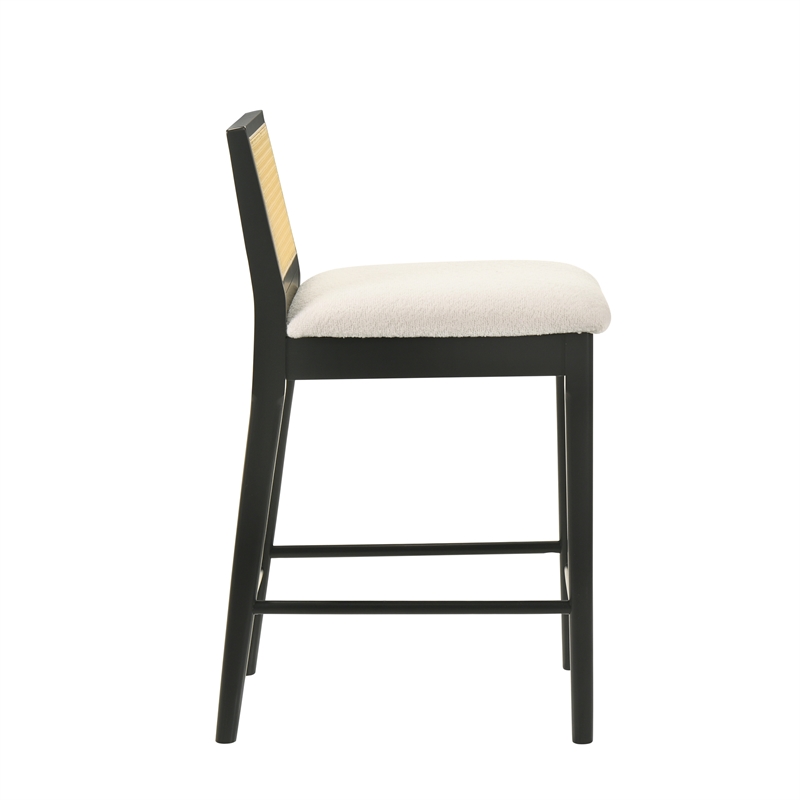 Tobias Wood Counter Height Bar Stool in Black with White Boucle Fabric Seat