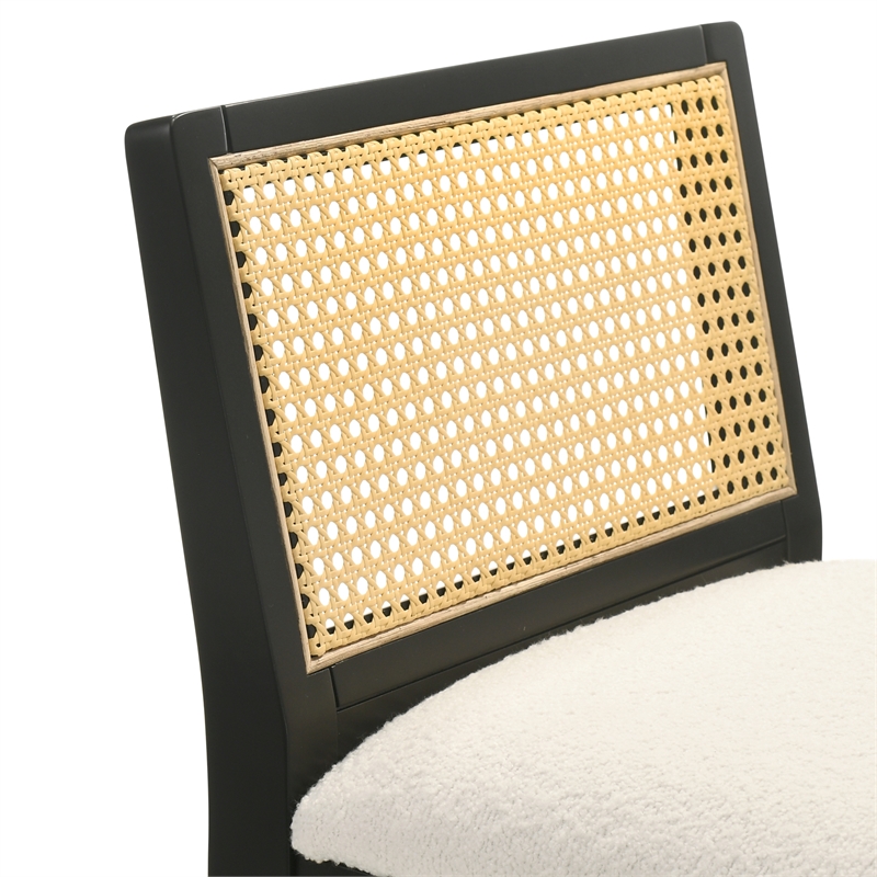 Tobias Wood Counter Height Bar Stool in Black with White Boucle Fabric Seat