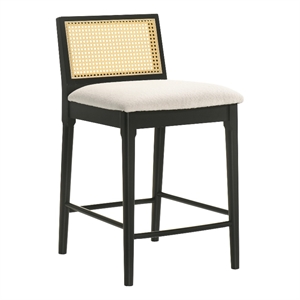 Tobias Wood Counter Height Bar Stool in Black with White Boucle Fabric Seat