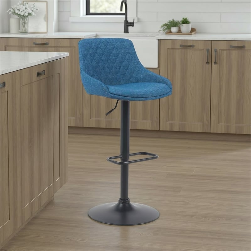 Anibal Modern Adjustable Swivel Barstool in Black Metal with Blue Seat