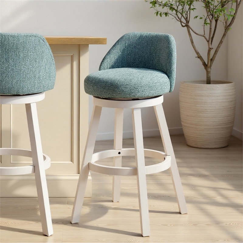 Erika Swivel Wood Bar Height Bar Stool in White with Light Blue Fabric Seat