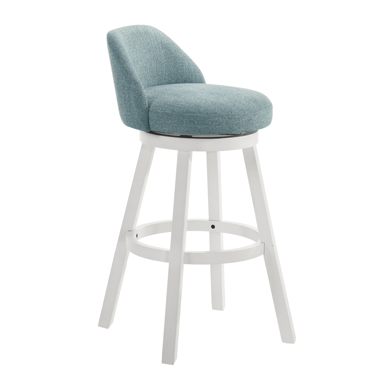 Erika Swivel Wood Bar Height Bar Stool in White with Light Blue Fabric Seat